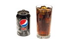 Close up view of open pepsi can and soda with ice in crystal glass. Drink concept.