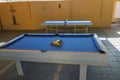 Close up view of outdoor place for playing table tennis for hotel guests. Royalty Free Stock Photo