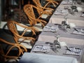 Close up view of outdoor tables of restaurant Royalty Free Stock Photo