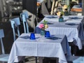 Close up view of outdoor tables of restaurant Royalty Free Stock Photo