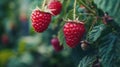 Close-up view of an overripe raspberry hanging from a lush green bush