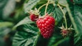 Close-up view of an overripe raspberry hanging from a lush green bush