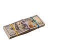 Close up view of pack of 100 dollars banknotes isolated on white background. Royalty Free Stock Photo