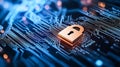 A close-up view of a padlock on a digital circuit board, symbolizing data security and cybersecurity in modern technology
