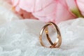 Close up view of pair golden wedding rings Royalty Free Stock Photo