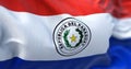 Close-up view of the Paraguay national flag waving in the wind