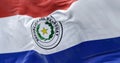 Close-up view of the Paraguay national flag waving in the wind