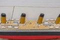 Close up view of part of wooden Titanic ship model. Beautiful wooden Titanic hobby model isolated.