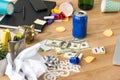 close up view of party decorations and dollars at workplace Royalty Free Stock Photo