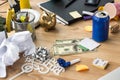 close up view of party decorations and dollars at workplace Royalty Free Stock Photo