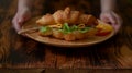 Close up view of Pastry Chef serving fresh croissant sandwich ham and cheese Royalty Free Stock Photo