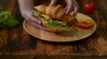 Close up view of Pastry Chef serving fresh croissant sandwich ham and cheese Royalty Free Stock Photo