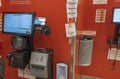 Close up view of payment for goods at payment terminal by scanning with scanner in supermarket.