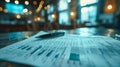 A close-up view of a pen resting on financial documents with blurred lights in the background, suggesting a late-night work Royalty Free Stock Photo