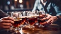 close up view of people clinking glasses with beer at bar counter. Generative AI