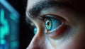Close-up view of person eye focused intently. Reflection of complex data stats on computer screen subtly visible in eye. Serious,