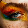 Close-up view of a person showcasing bold and vibrant makeup, with colorful eyeshadow and striking features, A bold and colorful