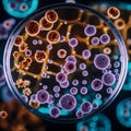 A close-up view of a Petri dish with colonies of bacteria or mold. Royalty Free Stock Photo