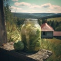 Close-up view of pickled cabbage glass jar. Rural background.
