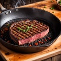 A close-up view of a piece of Wagyu steak cooking in a hot pan on a wooden table. The steak is searing and sizzling as it cooks,