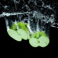 close up view of pieces of green apple in water