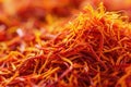 A close up view of a pile of dried saffron threads, showcasing their vibrant orange color and delicate texture, Zoomed in view of