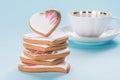 St valentines day flat lay with glazed heart shaped cookies