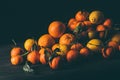 close up view of pile of lemons and tangerines with leaves in strainer