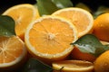 Close-up view of a pile of oranges sitting on top of each other. The oranges are all ripe and juicy, with a bright orange peel and Royalty Free Stock Photo