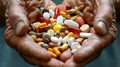 A close-up view of a pile of pills, tablets, vitamins, and medications held in mature hands