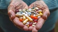 A close-up view of a pile of pills, tablets, vitamins, and medications held in mature hands