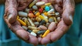 A close-up view of a pile of pills, tablets, vitamins, and medications held in mature hands