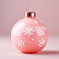 Close up view of pink shiny Christmas ball with snowflakes. Decoration bauble isolated white background. Design of Christmas tree Royalty Free Stock Photo