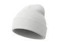 A close up view of a plain white knitted beanie hat on a white background Royalty Free Stock Photo
