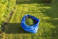 Close-up view of plastic bag of mowed grass standing on green autumn lawn. Royalty Free Stock Photo