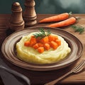 Close-up view plate of mashed potatoes with cooked carrots on brown wooden table