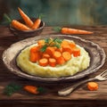 Close-up view plate of mashed potatoes with cooked carrots on brown wooden table