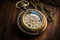 A close up view of a pocket watch placed on a table, Antique pocket watch with detailed carvings, AI Generated