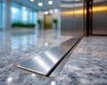 Close-up view of polished granite flooring with metallic elevator threshold, reflecting ambient light in a modern building lobby, Royalty Free Stock Photo
