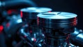 Close-up view of polished metal engine components illuminated by dramatic blue and red lighting with a dark background. Generative Royalty Free Stock Photo