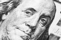 Close up view Portrait of Benjamin Franklin on the one hundred dollar bill. Background of the money. 100 dollar bill with Benjamin Royalty Free Stock Photo