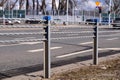 Close-up view of posts and ropes. Cable barrier, also called guard cable or wire road safety barrier, is increasingly used road Royalty Free Stock Photo