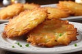 Close up view of potato pancakes. Potatoes pancakes latkes, flapjacks, hash brown or potato vada