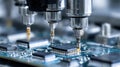 Close up of precision electronics assembly with robotic arms working on circuit board, showcasing intricate details and advanced Royalty Free Stock Photo