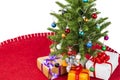 Close up view of presents under decorated Christmas tree isolated on white backgrounds. Christmas holidays concept. Royalty Free Stock Photo