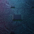 A close-up view of a printed circuit board (PCB) featuring multiple microchips. The Royalty Free Stock Photo