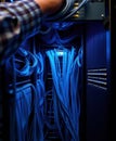 IT Professional Working in Data Center with Blue Cables Royalty Free Stock Photo