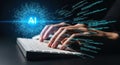 Hands typing code on white keyboard with glowing blue ai neural network symbol above, for advanced digital Royalty Free Stock Photo