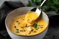 Close-up view of pumpkin soup in deep bowl with seeds and crackers Royalty Free Stock Photo