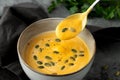 Close-up view of pumpkin soup in deep bowl with seeds and spoon served with napkin Royalty Free Stock Photo